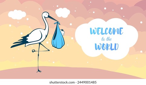 A stork is holding a baby bird in its beak. Postcard with pink background 04