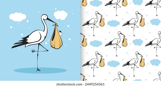 A stork is holding a baby bird in its beak. Seamless pattern for gift paper, fabric, print 08