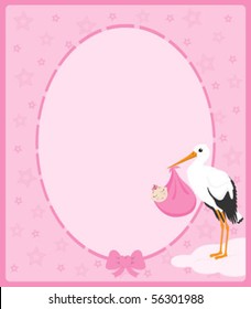 Stork holding a baby girl in a bundle sign/frame with copy space, in blue colors for baby girls.