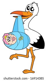 Stork holding baby - vector illustration.