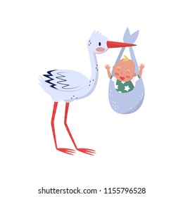 Stork holding bag with cheerful child. Bird and newborn kid. Flat vector element for baby shower card or children book