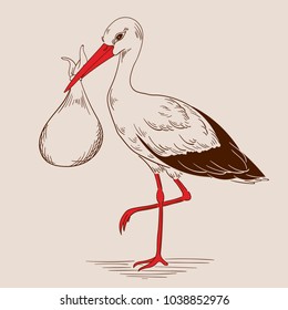 Stork holding a bag with a newborn baby vintage stylized in vector EPS8