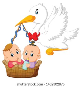 the stork is holding the basket with two baby in it