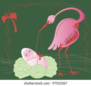 Stork holding in its beak bundle with a newborn baby