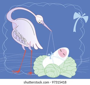 Stork holding in its beak bundle with a newborn baby
