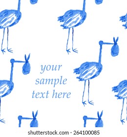 stork holding a bundle with a newborn in its beak.Seamless pattern with space for your inscription.watercolor