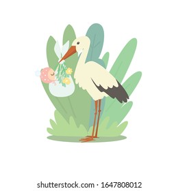 A stork is holding a diaper with a sleeping baby in its beak. The child is dressed in a cute hat.
