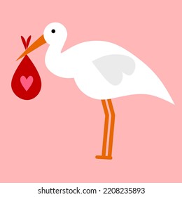 The stork holds the baby in its beak. Isolated on a pink background. Great for love logo