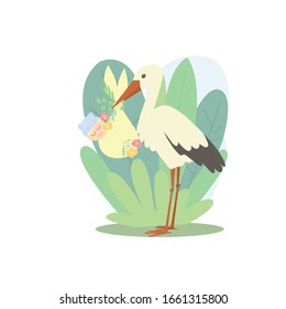 A stork holds a newborn in a bag decorated with flowers. The background is decorated with natural elements.