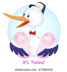 the stork holds the wings of two girls twins in the headbands