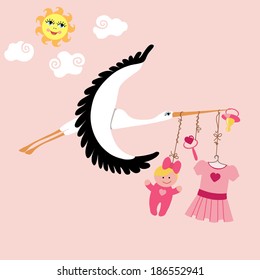 Stork with Items for newborn baby girl flying in the sky.