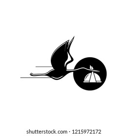 Stork Logo Design Animal Bird Vector, Playful Flying Crane Carrying Meal 