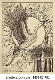 Stork. Mystic concept for Lenormand oracle tarot card. Vector engraved illustration. Fantasy line art drawing and tattoo sketch. Gothic, occult and esoteric background