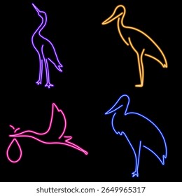 stork neon icon group, vector illustration on black background.