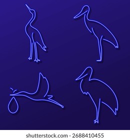 Grupo de iconos de neón de cigüeña, Ilustración vectorial.