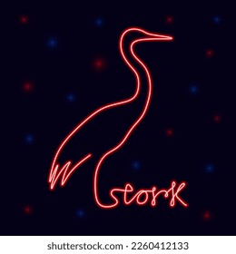 Stork in neon light. Modern glowing banner design, colorful modern design trends. Glowing red one line Stork on black background. Animal vector illustration 