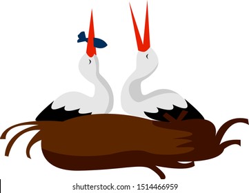 Stork in nest, illustration, vector on white background.
