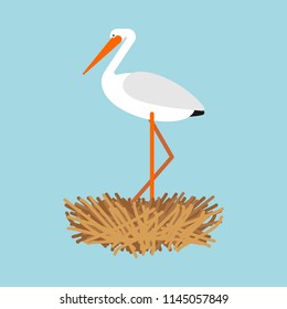 Stork in nest isolated. Bird Vector illustration
