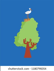 Stork in nest on tree. Vector illustration Bird
