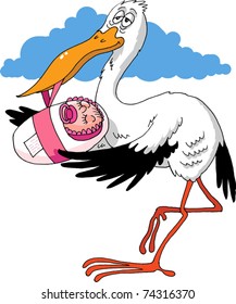 stork with a newborn baby in its beak (vector);