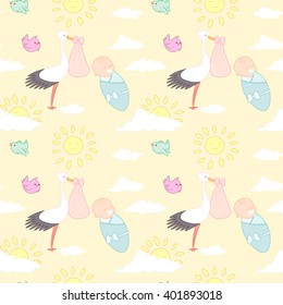 Stork with a newborn baby. Seamless pattern. Vector. Cute pattern for creativity