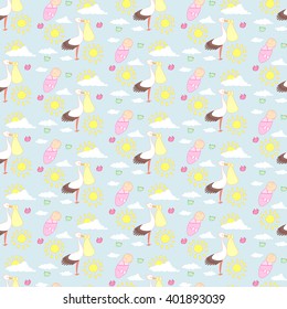 Stork with a newborn baby. Seamless pattern. Vector. Cute pattern for creativity