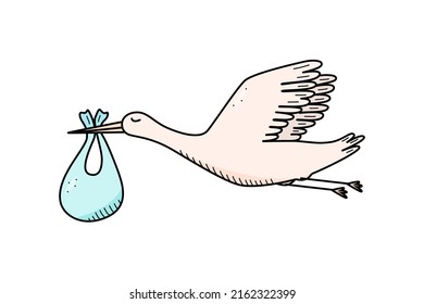 Stork and newborn cartoon doodle. Vector illustration of the concept of the birth or appearance of a baby