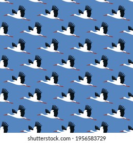 Cigüeña sobre un fondo de cielo azul. Patrón sin soldadura para textiles, tejidos, estampado para prendas de vestir o para papel. Ilustración vectorial de material.
