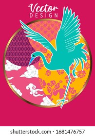 Сover with Stork and Patterns in a modern style, geometric shapes. Applicable for posters, brochures, posters, covers and banners.
