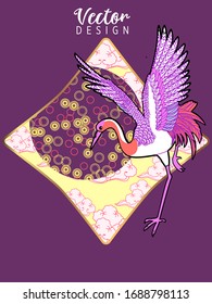 Сover  with Stork and Patterns in a modern style, geometric shapes. Applicable for posters, brochures, posters, covers and banners.