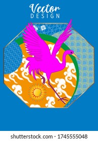 Сover with Stork and Patterns in a modern style, geometric shapes. Applicable for posters, brochures, posters, covers and banners.