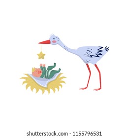 Stork playing with little baby. Joyful kid laying in nest. Lovely bird and child. Flat vector element for greeting card or poster