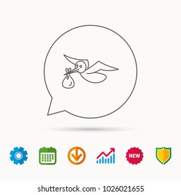 Stork with sack icon. Newborn baby symbol. Calendar, Graph chart and Cogwheel signs. Download and Shield web icons. Vector