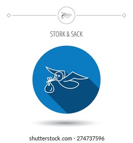 Stork with sack icon. Newborn baby symbol. Blue flat circle button. Linear icon with shadow. Vector