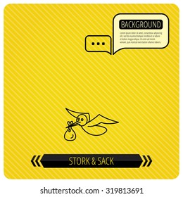 Stork with sack icon. Newborn baby symbol. Chat speech bubbles. Orange line background. Vector