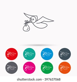 Stork with sack icon. Newborn baby symbol. Linear icons in circles on white background.