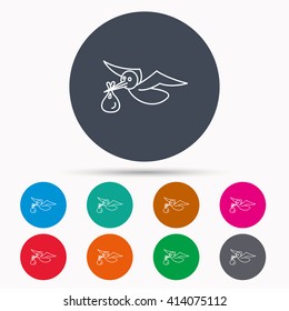 Stork with sack icon. Newborn baby symbol. Icons in colour circle buttons. Vector