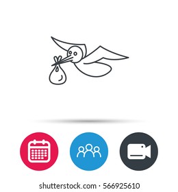 Stork with sack icon. Newborn baby symbol. Group of people, video cam and calendar icons. Vector