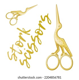 Stork scissors golden colored vector icon isolated on white background, sewing bird scissors cartoon illustration vintage tool for embroidery