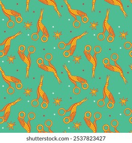 Stork scissors intricately displayed on green background