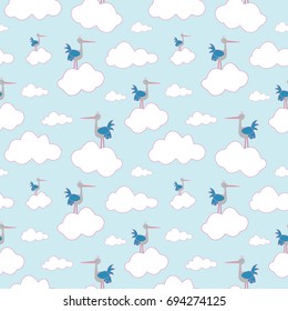 Stork seamless pattern. Colorful background with stork in the clouds. Vector illustration.