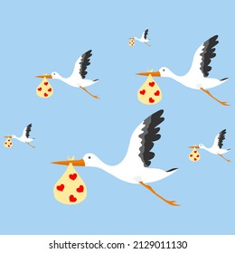 Stork, a set of flying storks with packages of children against a blue sky. Vector, cartoon illustration. Vector.