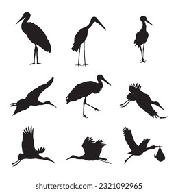 stork silhouette set collection isolated black on white background vector illustration