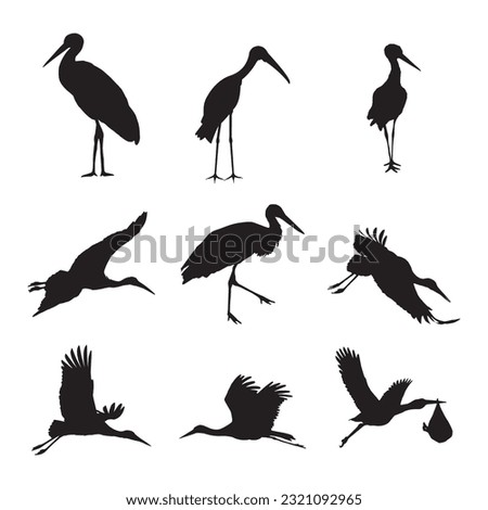 stork silhouette set collection isolated black on white background vector illustration