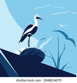 A stork sitting in a nest on the roof of a house. Vector illustration.