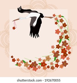 Stork and spring flowers.