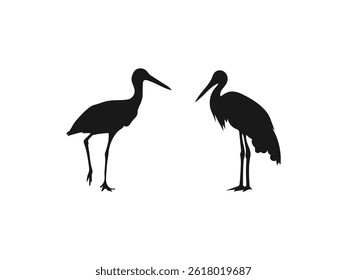 stork standing silhouette icon. Silhouette or shadow black ink symbol of a crane bird or heron standing. Flat vector stock illustration. vector on a white background.