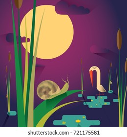 stork in swamp stands on one leg and a cane crawling snail