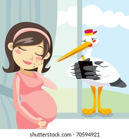 Stork taking notes from a pregnant woman for a good delivery