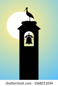 stork in tower bell illustration